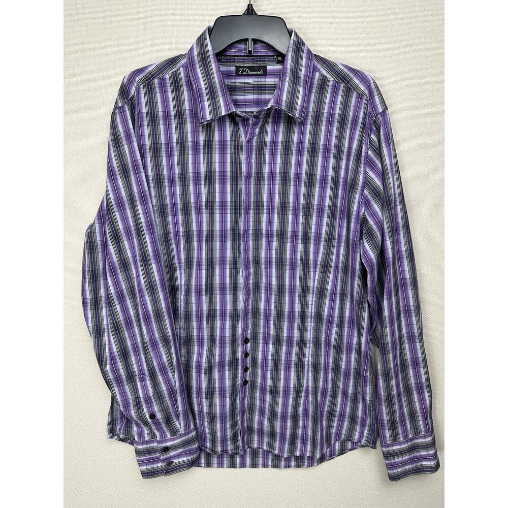 7 Diamonds Authentic Men's Long‎ Sleeve Button Up Shirt Size XL Purple Plaid